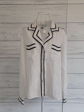 Carry Back New York Linen Blouse White With Black Trim Womens Size 10